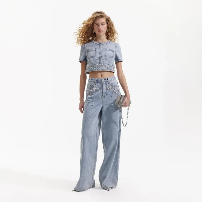 Self Portrait Denim Blue Embellished Denim Top 8211 Women