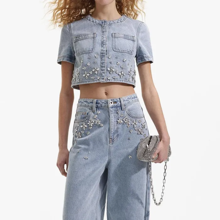 Self Portrait Denim Blue Embellished Denim Top 8211 Women