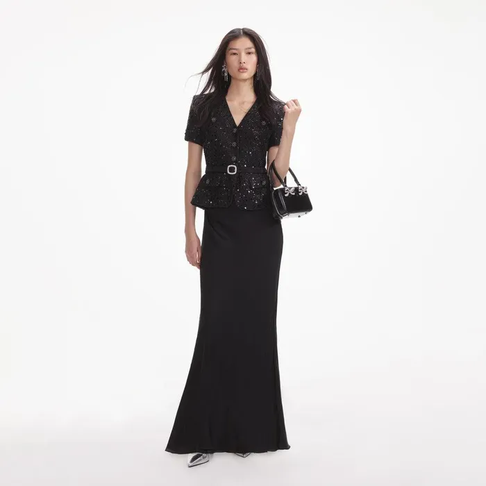 Self Portrait Dresses Black Sequin Boucle Maxi Dress 8211 Women