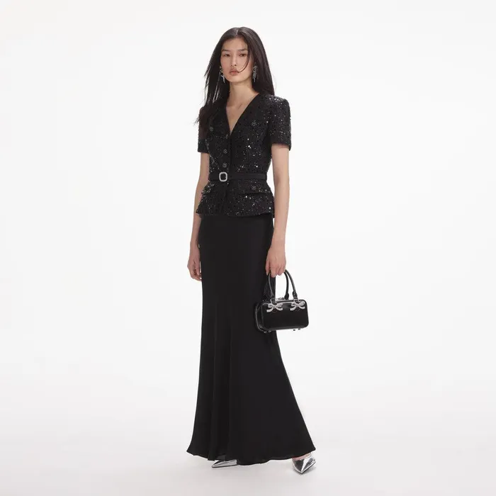 Self Portrait Dresses Black Sequin Boucle Maxi Dress 8211 Women