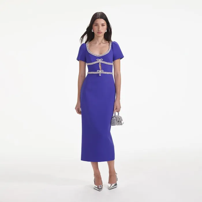 Self Portrait Dresses Blue Diamante Bow Trim Midi Dress 8211 Women