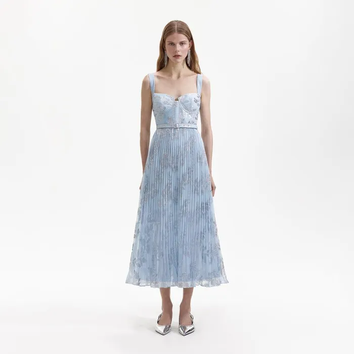 Self Portrait Dresses Blue Pleated Midi Dress 8211 Women