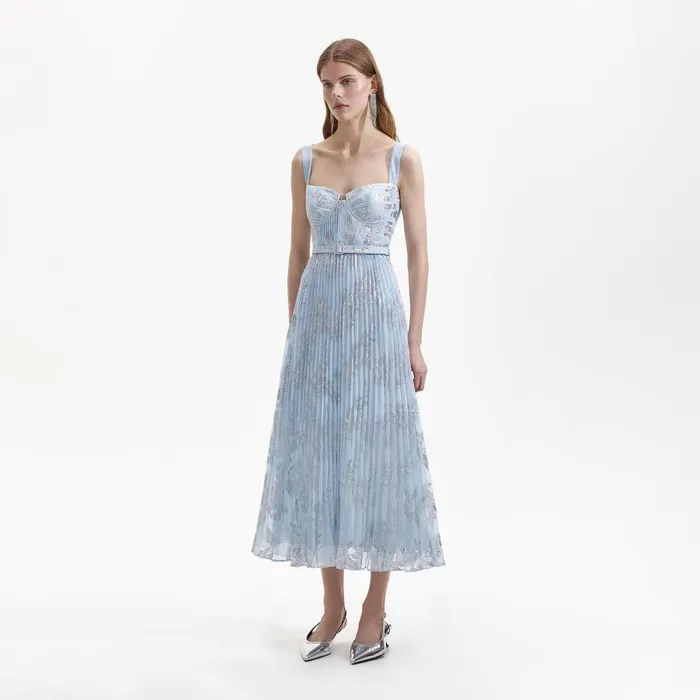 Self Portrait Dresses Blue Pleated Midi Dress 8211 Women