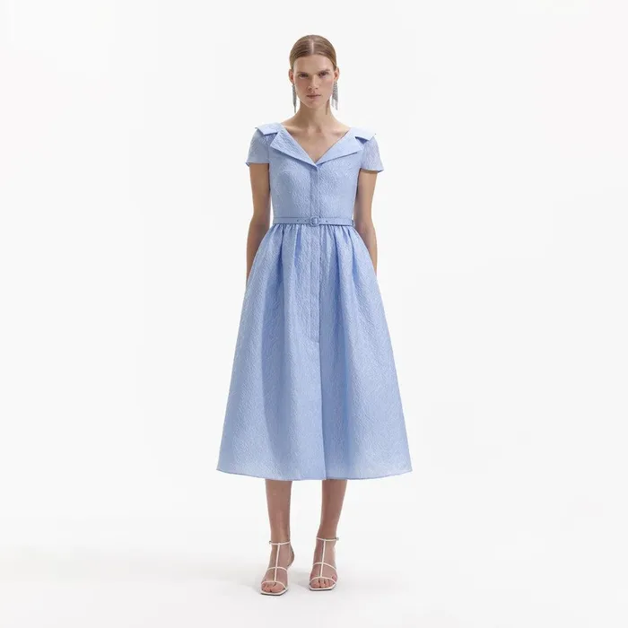 Self Portrait Dresses Blue Textured Midi Dress 8211 Women