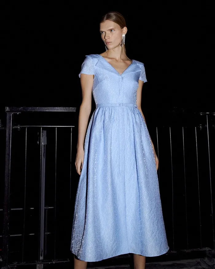 Self Portrait Dresses Blue Textured Midi Dress 8211 Women