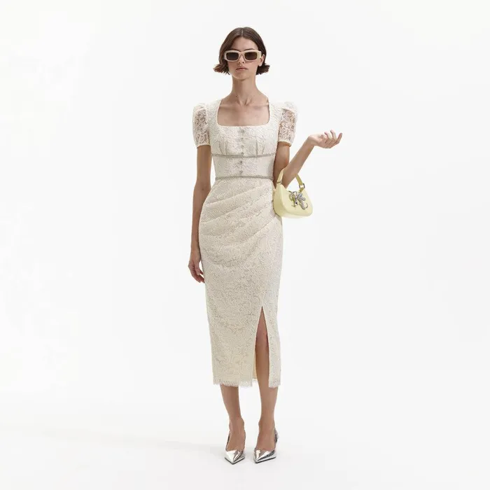 Self Portrait Dresses Cream Lace Diamante Midi Dress 8211 Women