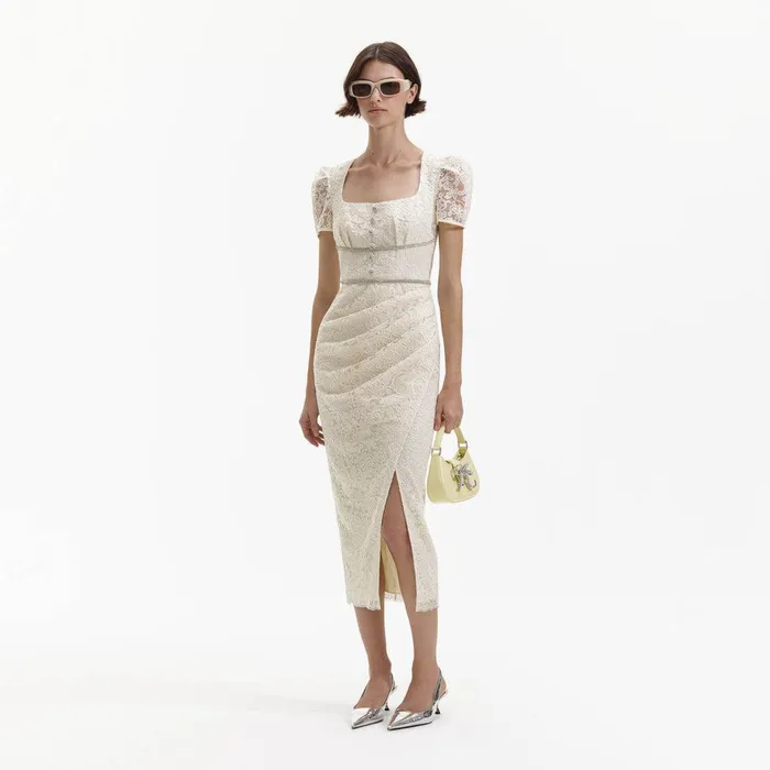 Self Portrait Dresses Cream Lace Diamante Midi Dress 8211 Women