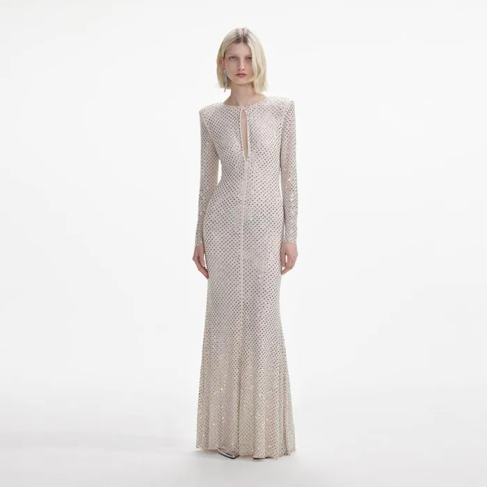 Self Portrait Dresses Cream Rhinestone Keyhole Maxi Dress 8211 Women