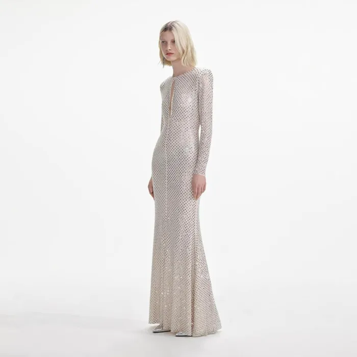 Self Portrait Dresses Cream Rhinestone Keyhole Maxi Dress 8211 Women
