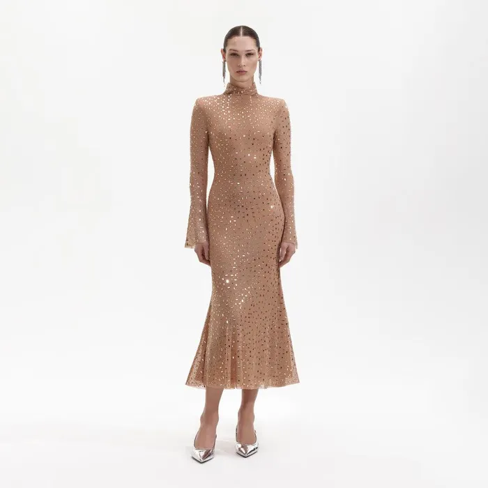 Self Portrait Dresses Gold Square Rhinestone Mesh Midi Dress 8211 Women