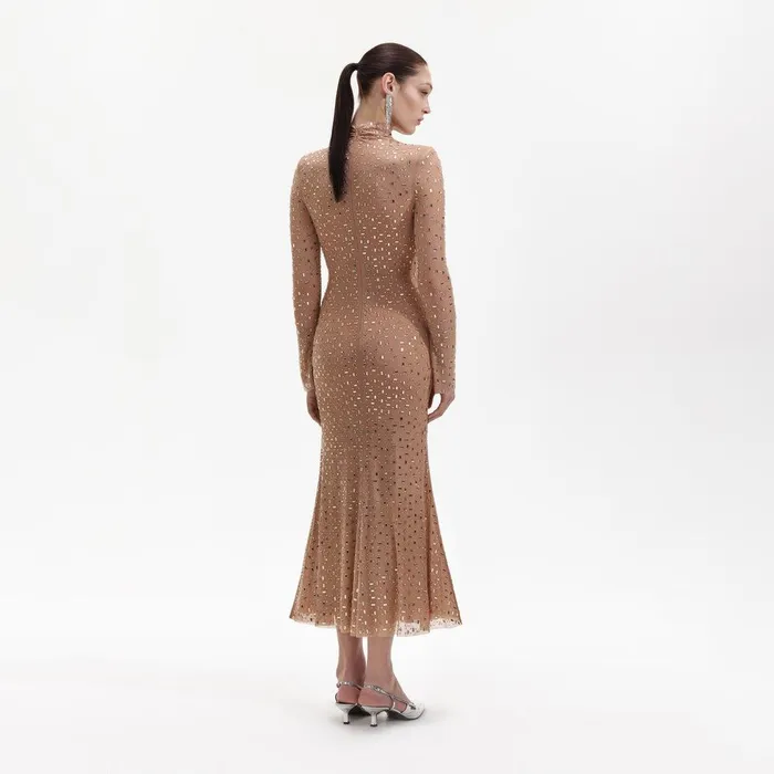 Self Portrait Dresses Gold Square Rhinestone Mesh Midi Dress 8211 Women