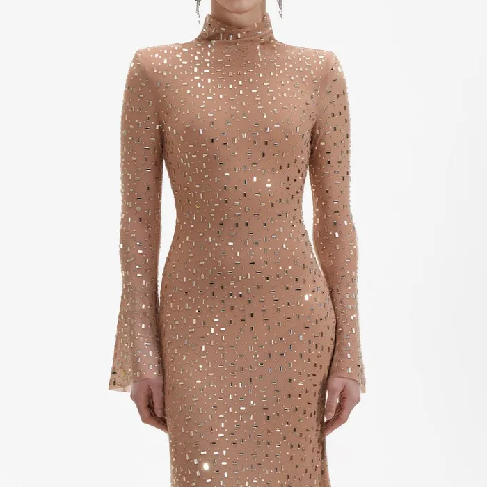 Self Portrait Dresses Gold Square Rhinestone Mesh Midi Dress 8211 Women
