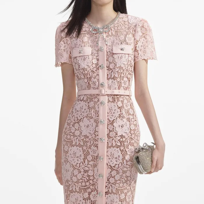 Self Portrait Dresses Pink Lace Diamante Bow Midi Dress 8211 Women