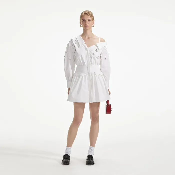 Self Portrait Dresses White Cotton Embellished Mini Dress 8211 Women