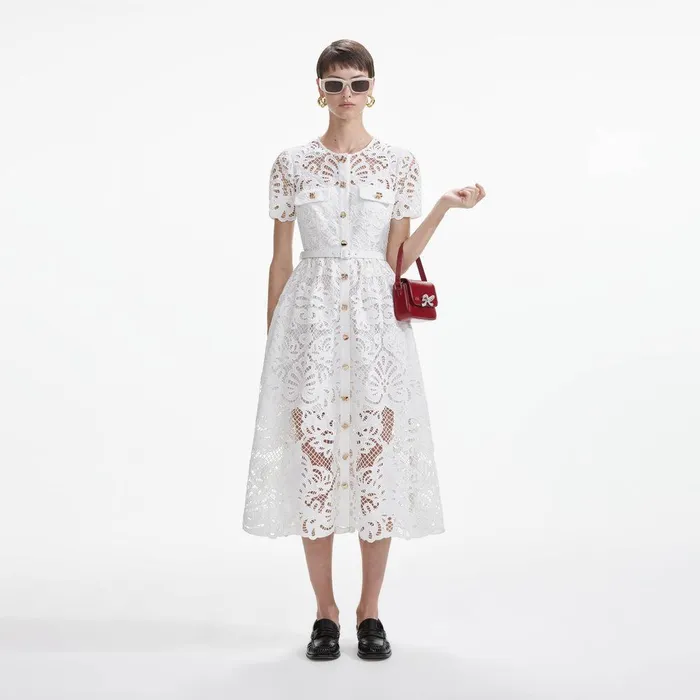 Self Portrait Dresses White Cotton Lace Button Midi Dress 8211 Women