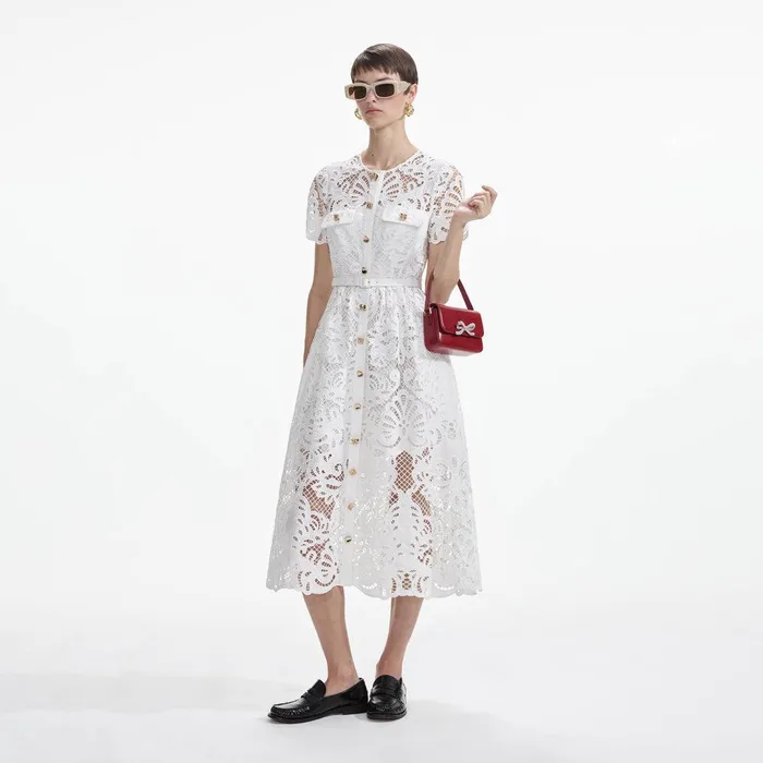 Self Portrait Dresses White Cotton Lace Button Midi Dress 8211 Women