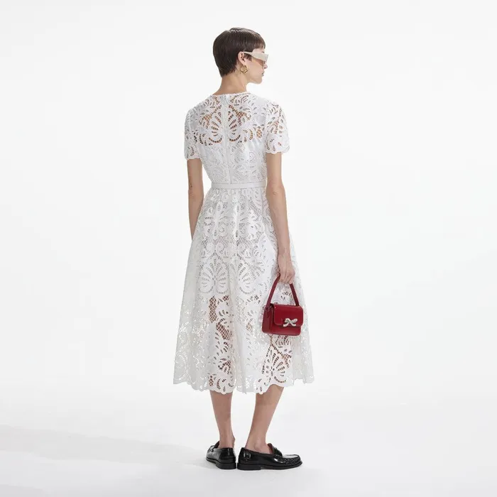 Self Portrait Dresses White Cotton Lace Button Midi Dress 8211 Women