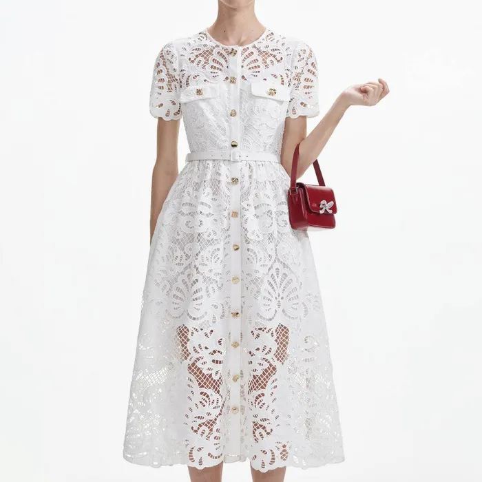 Self Portrait Dresses White Cotton Lace Button Midi Dress 8211 Women
