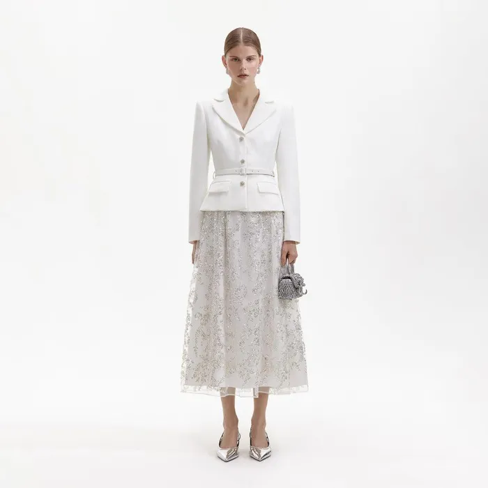 Self Portrait Dresses White Crepe Embellished Midi Dress 8211 Women