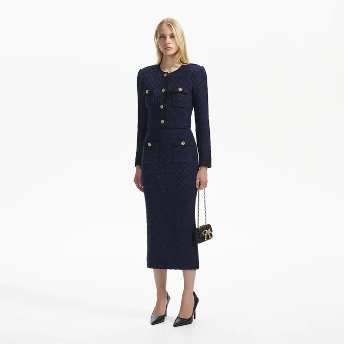 Self Portrait Knitwear Navy Weave Knit Midi Skirt 8211 Women