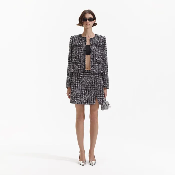 Self Portrait Outerwear Black Check Boucle Jacket 8211 Women