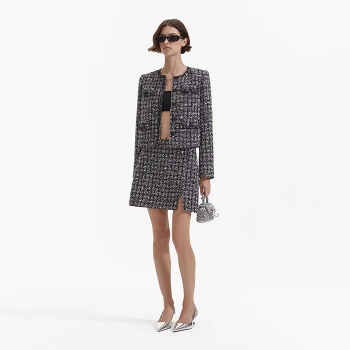 Self Portrait Outerwear Black Check Boucle Jacket 8211 Women