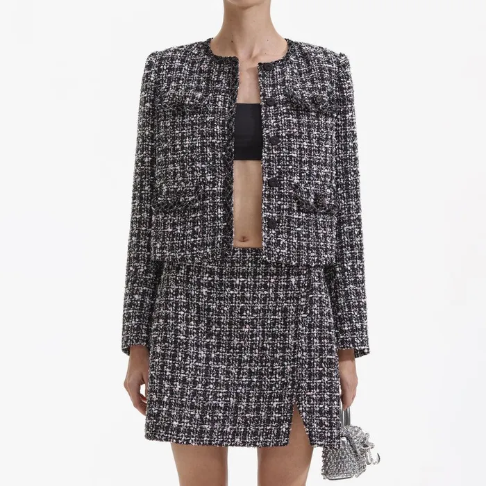Self Portrait Outerwear Black Check Boucle Jacket 8211 Women
