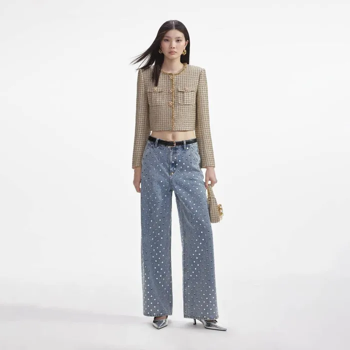 Self Portrait Outerwear Gold Boucle Cropped Jacket 8211 Women