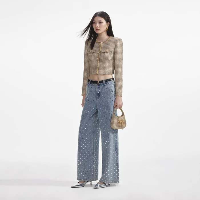 Self Portrait Outerwear Gold Boucle Cropped Jacket 8211 Women