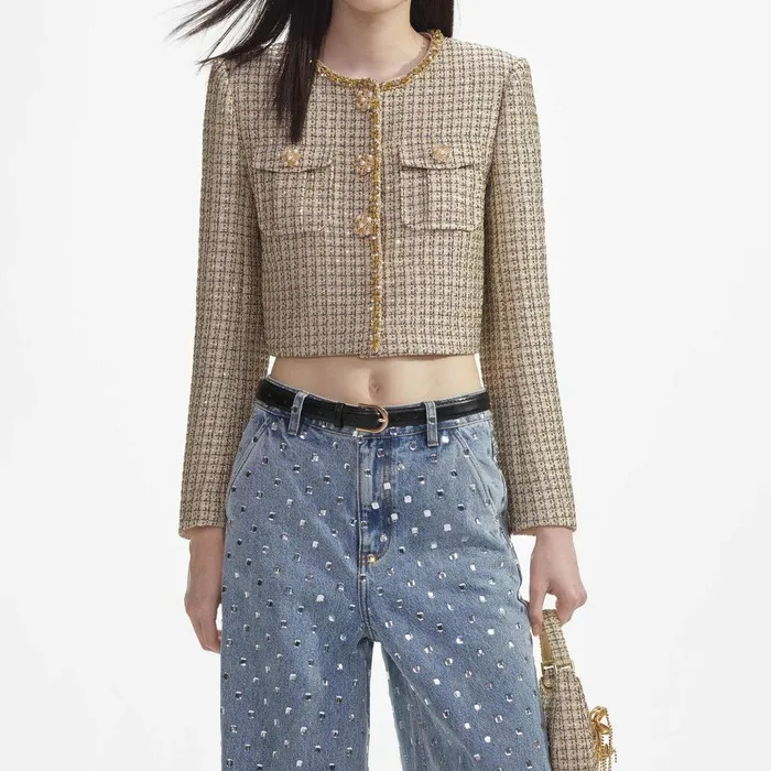 Self Portrait Outerwear Gold Boucle Cropped Jacket 8211 Women