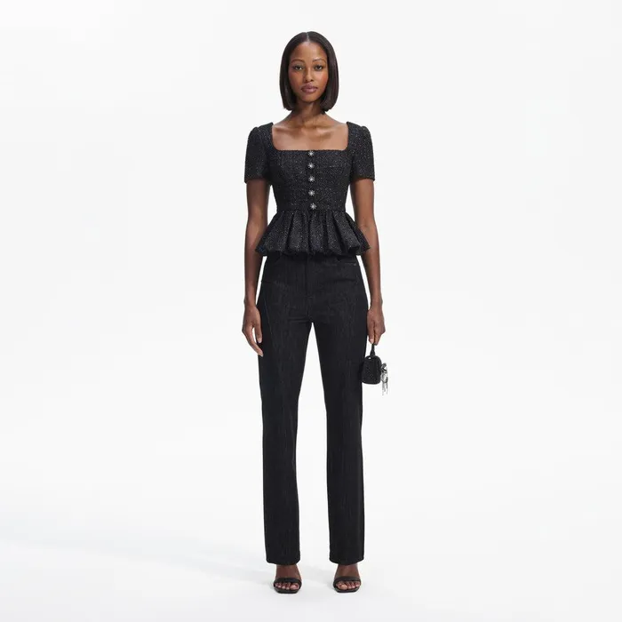 Self Portrait Tops Black Boucle Peplum Top 8211 Women