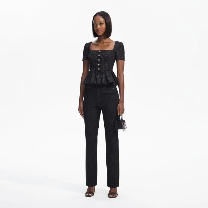 Self Portrait Tops Black Boucle Peplum Top 8211 Women