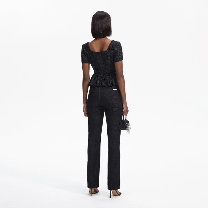 Self Portrait Tops Black Boucle Peplum Top 8211 Women