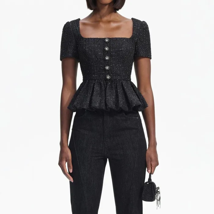 Self Portrait Tops Black Boucle Peplum Top 8211 Women