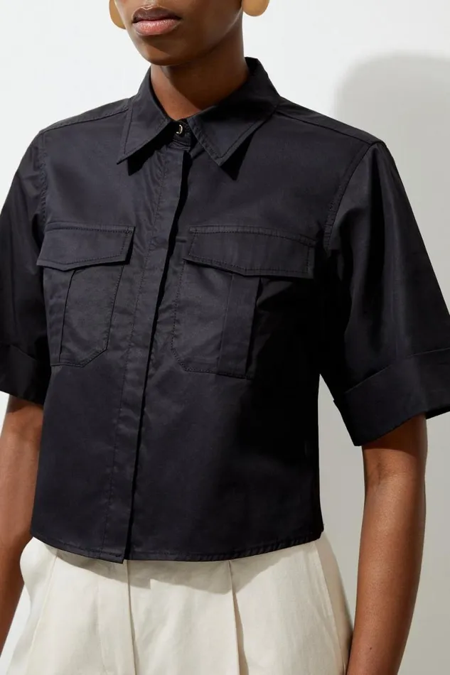Shirts Women Karen Millen Cotton Sateen Woven Cargo Crop Shirt Black