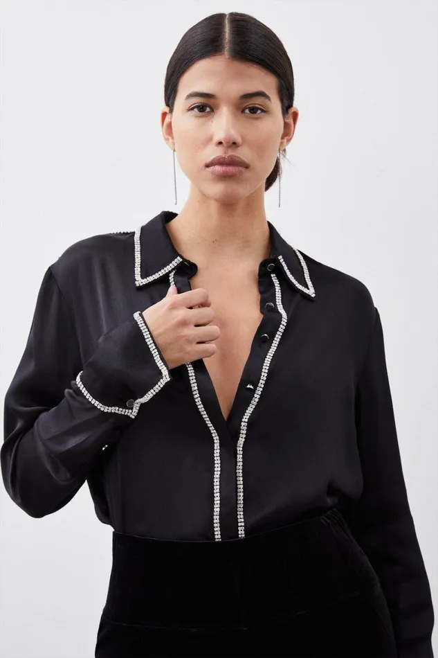 Shirts Women Karen Millen Diamante Trim Viscose Woven Satin Shirt Black