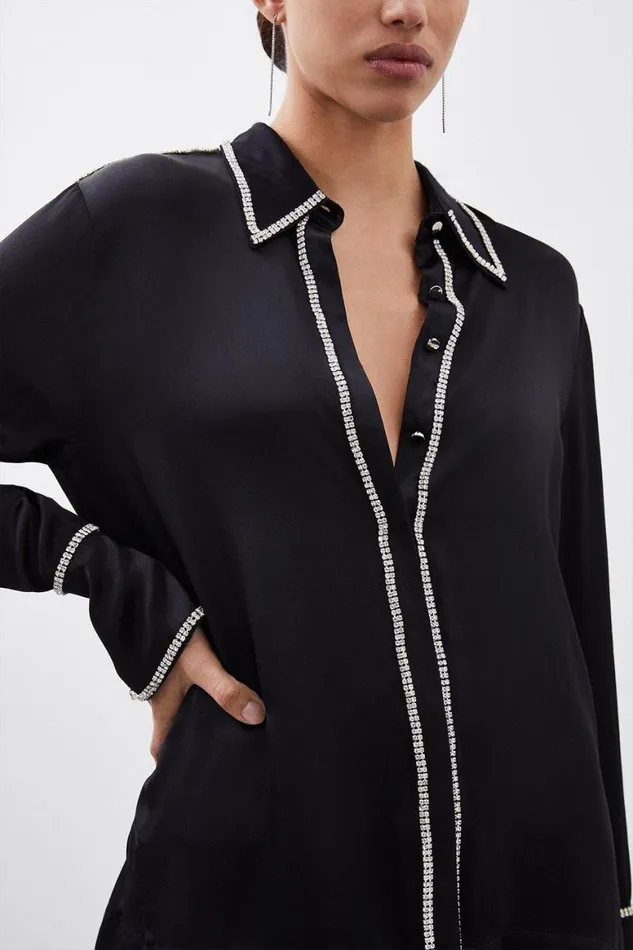Shirts Women Karen Millen Diamante Trim Viscose Woven Satin Shirt Black