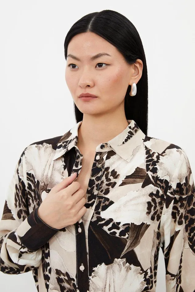 Shirts Women Karen Millen Ecru Floral Printed Button Up Woven Shirt Floral