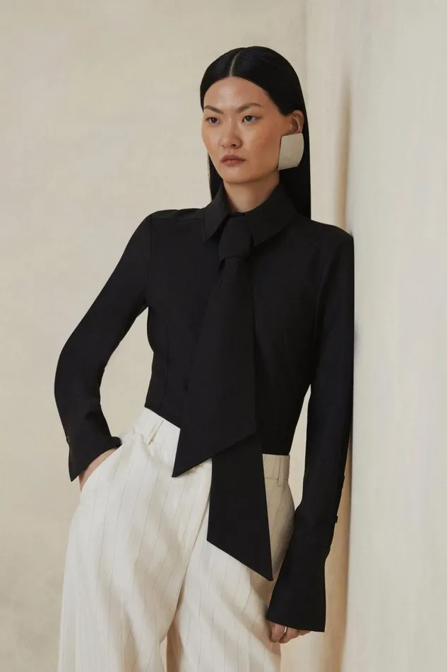 Shirts Women Karen Millen Petite The Founder Tailored Wool Blend Tie Detail Shirt Black