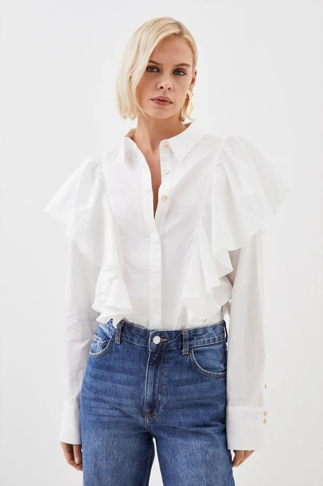 Shirts Women Karen Millen Ruffle Panelled Cotton Poplin Woven Shirt White