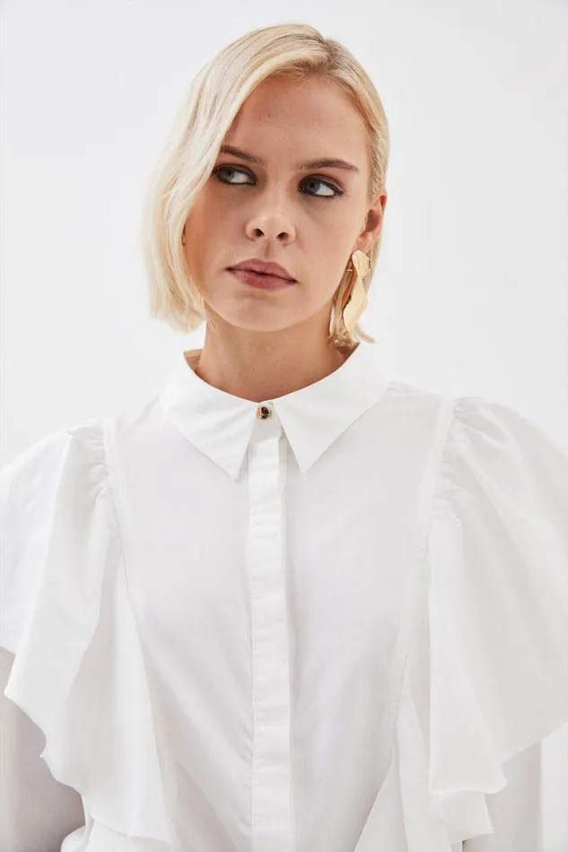 Shirts Women Karen Millen Ruffle Panelled Cotton Poplin Woven Shirt White