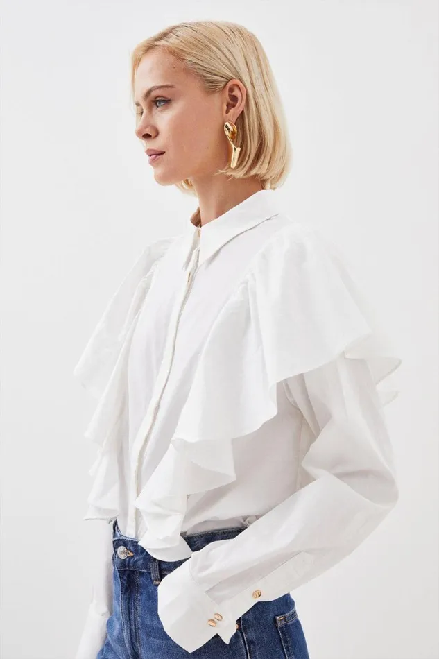 Shirts Women Karen Millen Ruffle Panelled Cotton Poplin Woven Shirt White
