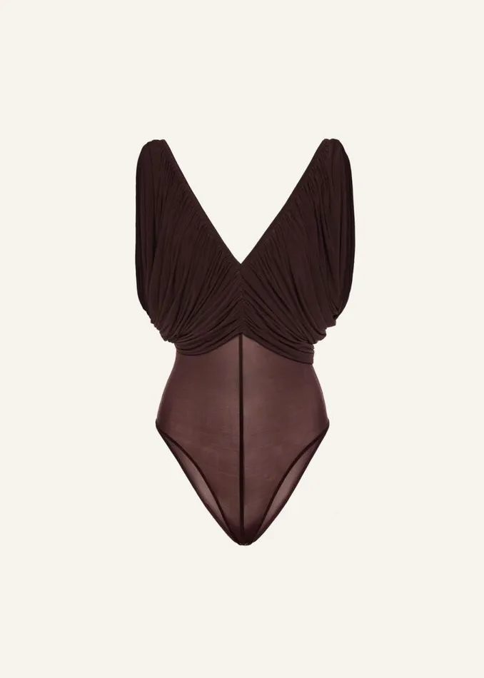 Shop Magda Butrym Bodysuits Ruched V Neck Bodysuit In Burgundy