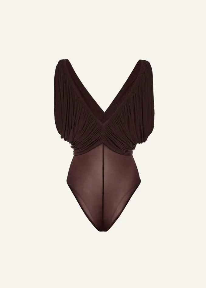 Shop Magda Butrym Bodysuits Ruched V Neck Bodysuit In Burgundy Shop Magda Butrym Bodysuits Ruched V Neck Bodysuit In Burgundy