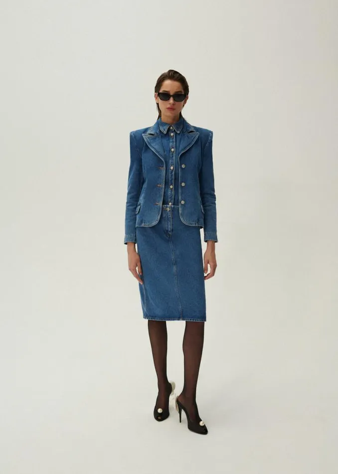 Shop Magda Butrym Denim Classic Slit Denim Midi Skirt In Blue Shop Magda Butrym Denim Classic Slit Denim Midi Skirt In Blue