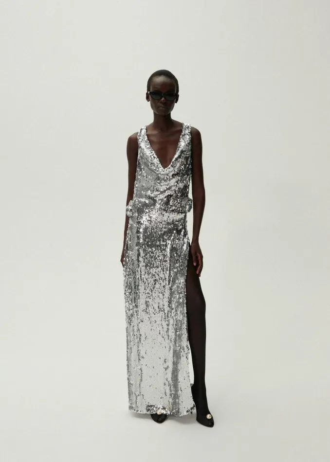 Shop Magda Butrym Dresses Cowl Neck Sequin Dress In Silver Shop Magda Butrym Dresses Cowl Neck Sequin Dress In Silver