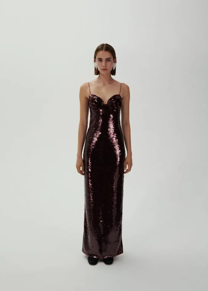 Shop Magda Butrym Dresses Flower Bustier Sequin Midi Dress In Burgundy Shop Magda Butrym Dresses Flower Bustier Sequin Midi Dress In Burgundy