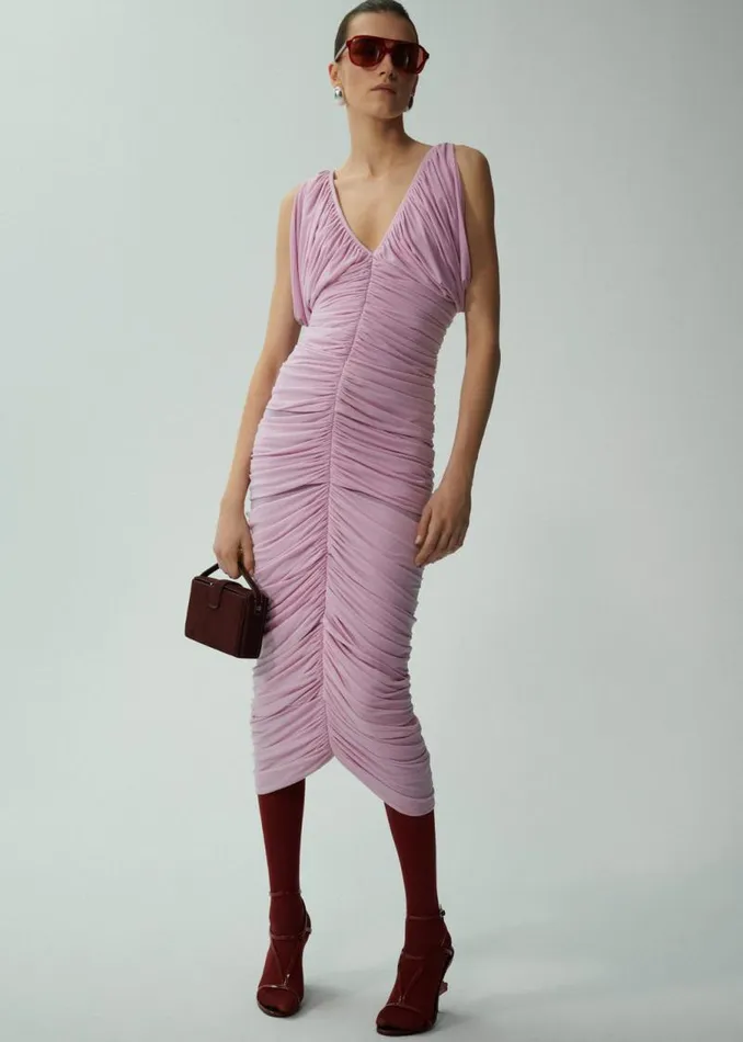 Shop Magda Butrym Dresses Ruched V Neck Midi Dress In Pink Shop Magda Butrym Dresses Ruched V Neck Midi Dress In Pink