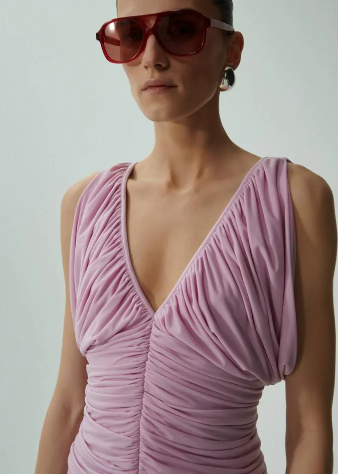 Shop Magda Butrym Dresses Ruched V Neck Midi Dress In Pink Shop Magda Butrym Dresses Ruched V Neck Midi Dress In Pink