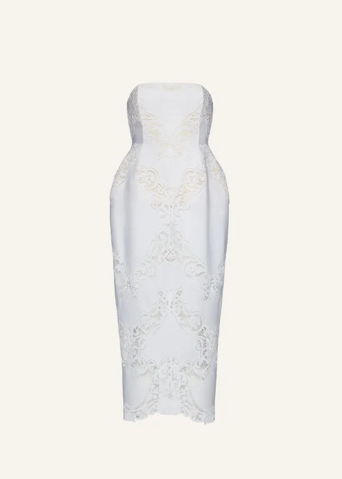 Shop Magda Butrym Dresses Strapless Hourglass Lace Corset Midi Dress In White Shop Magda Butrym Dresses Strapless Hourglass Lace Corset Midi Dress In White